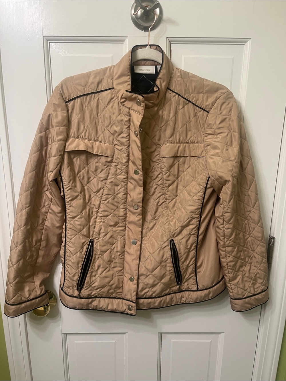 Chico's Quilted Tan Puffer Jacket with Black Trim